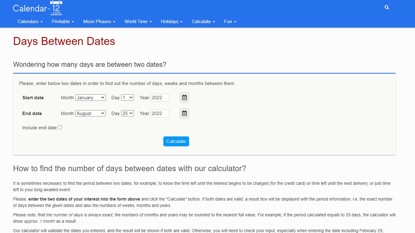 Days Between Dates - Calendar-12.com
