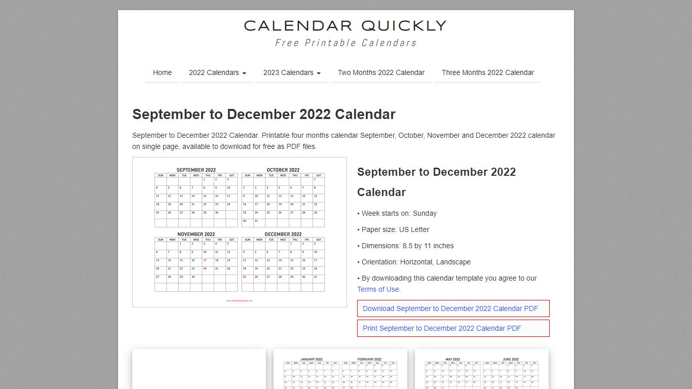 September to December 2022 Calendar | Calendar Quickly